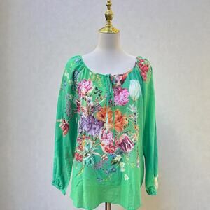 3J Workshop Johnny Was Top Sz Sm Kelly Green Floral Tunic Boho Resort Earthy